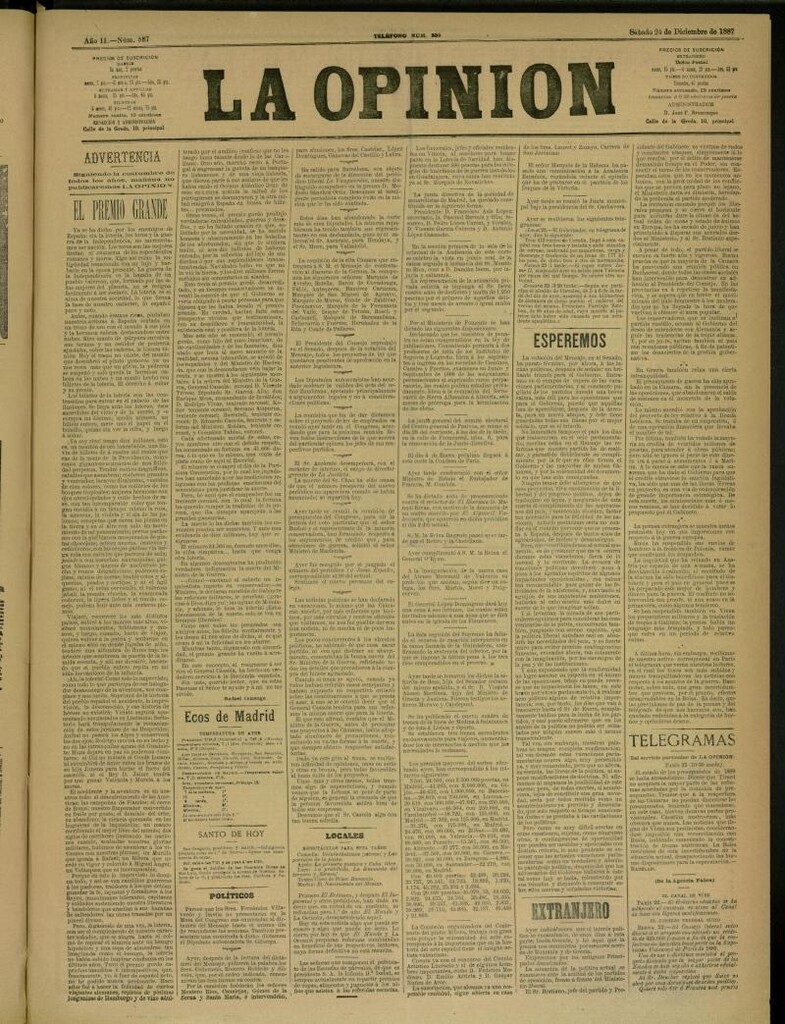 Miniatura de La Opinión del 24 de diciembre de 1887, nº 587