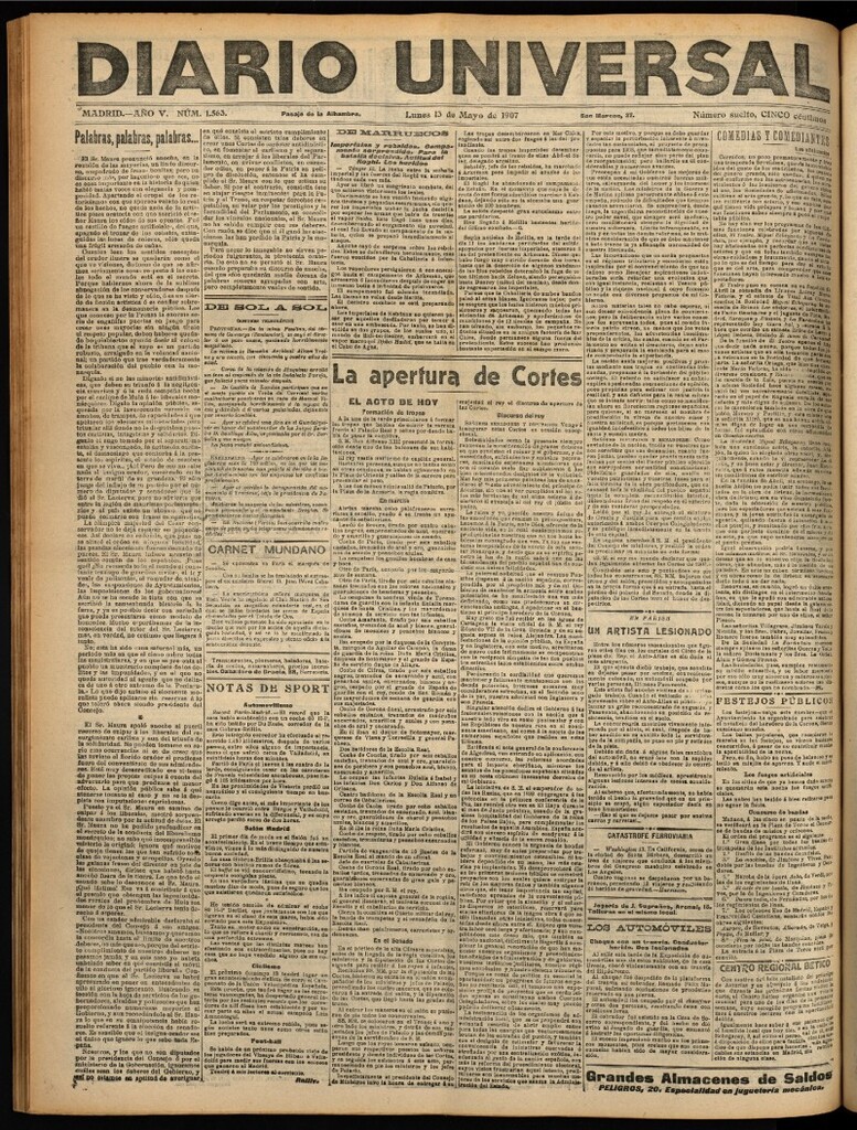 Miniatura de Diario Universal del 13 de mayo de 1907, edición de noche