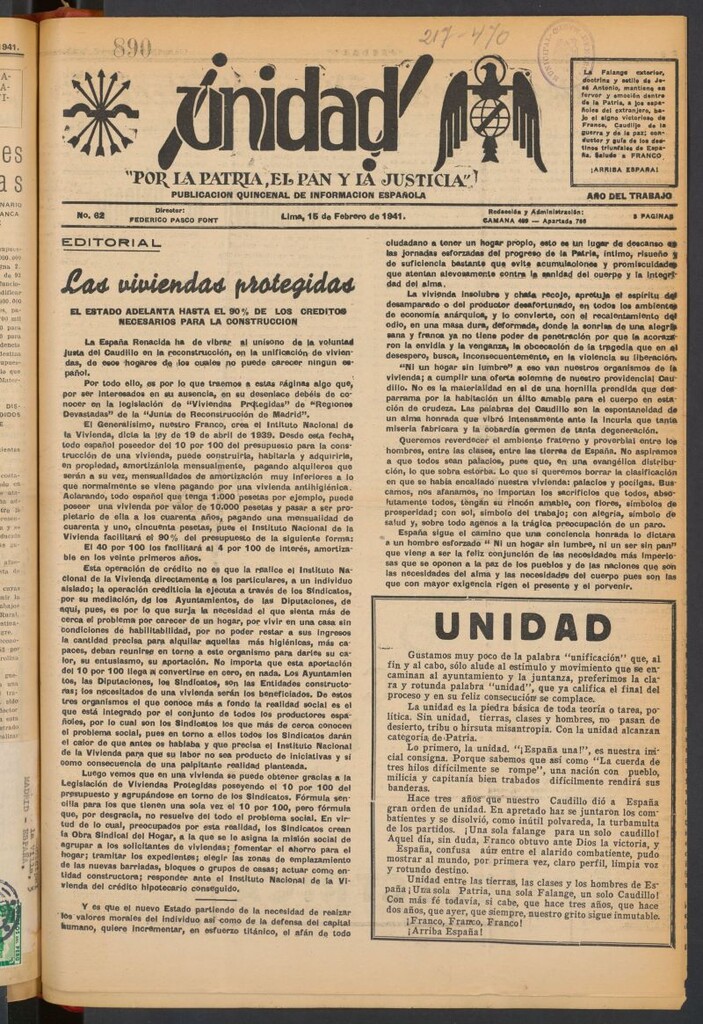 Miniatura de ¡Unidad! : órgano quincenal de la delegación de F.E.T. de las J.O.N.S. del 15 de febrero de 1941