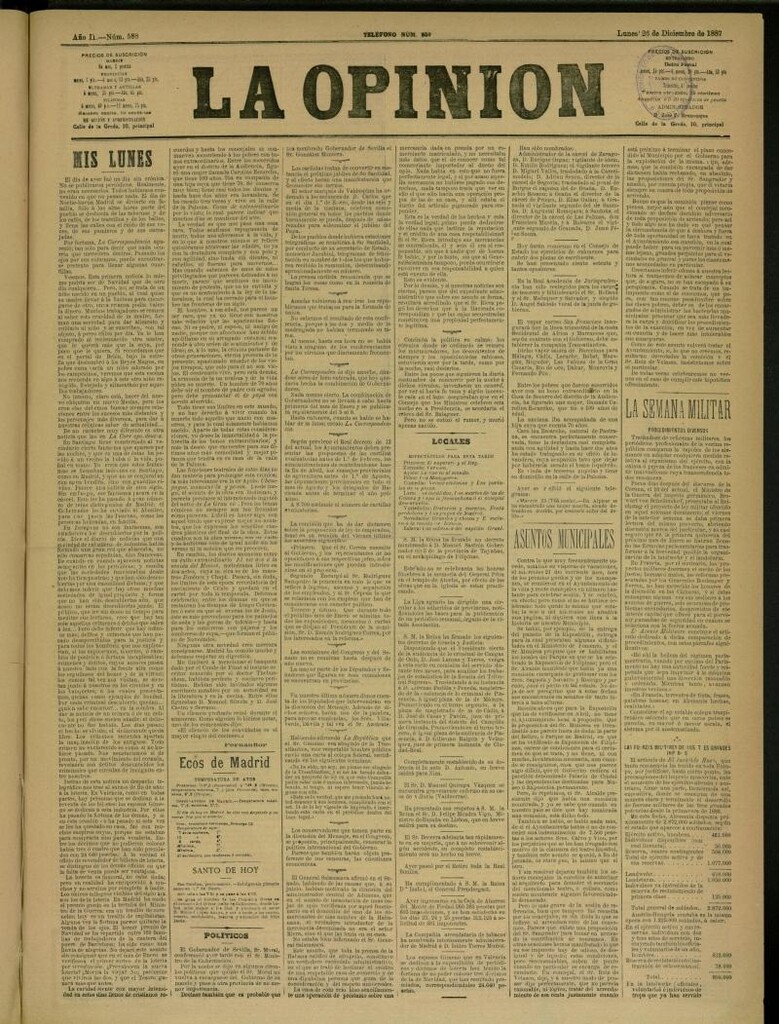 Miniatura de La Opinión del 26 de diciembre de 1887, nº 588
