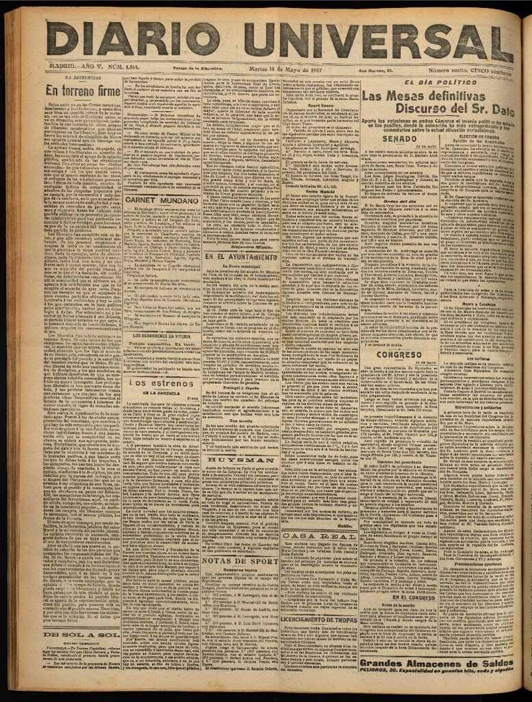 Miniatura de Diario Universal del 14 de mayo de 1907, edición de noche