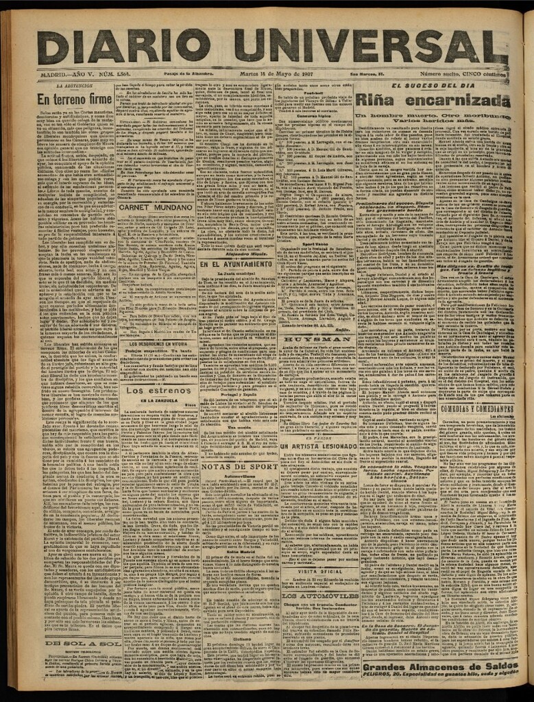 Miniatura de Diario Universal del 14 de mayo de 1907, edición de tarde