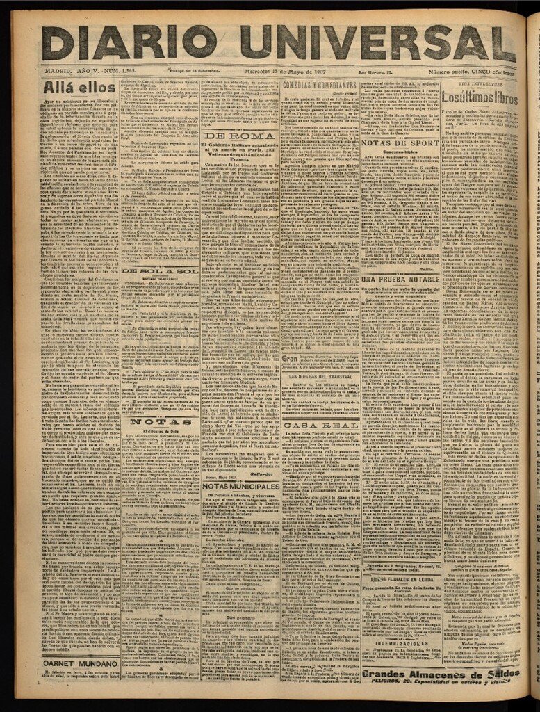Miniatura de Diario Universal del 15 de mayo de 1907, edición de noche