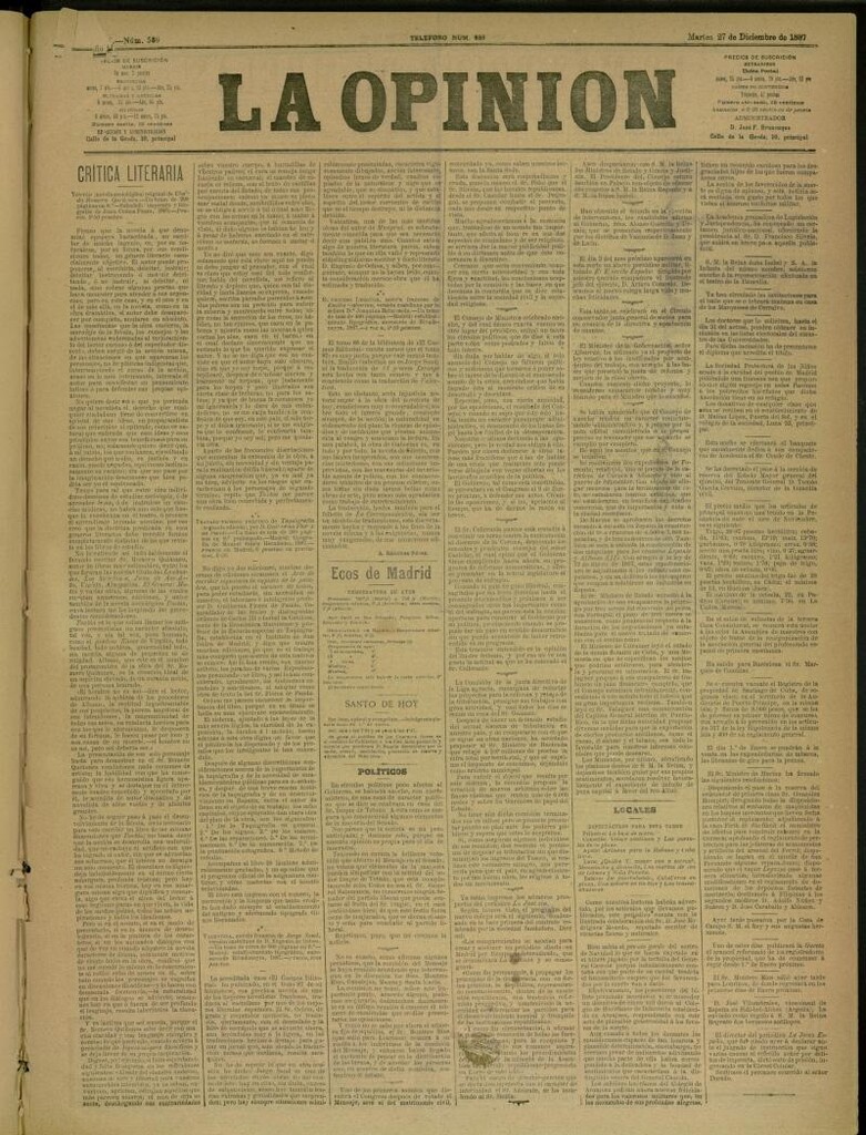 Miniatura de La Opinión del 27 de diciembre de 1887, nº 589