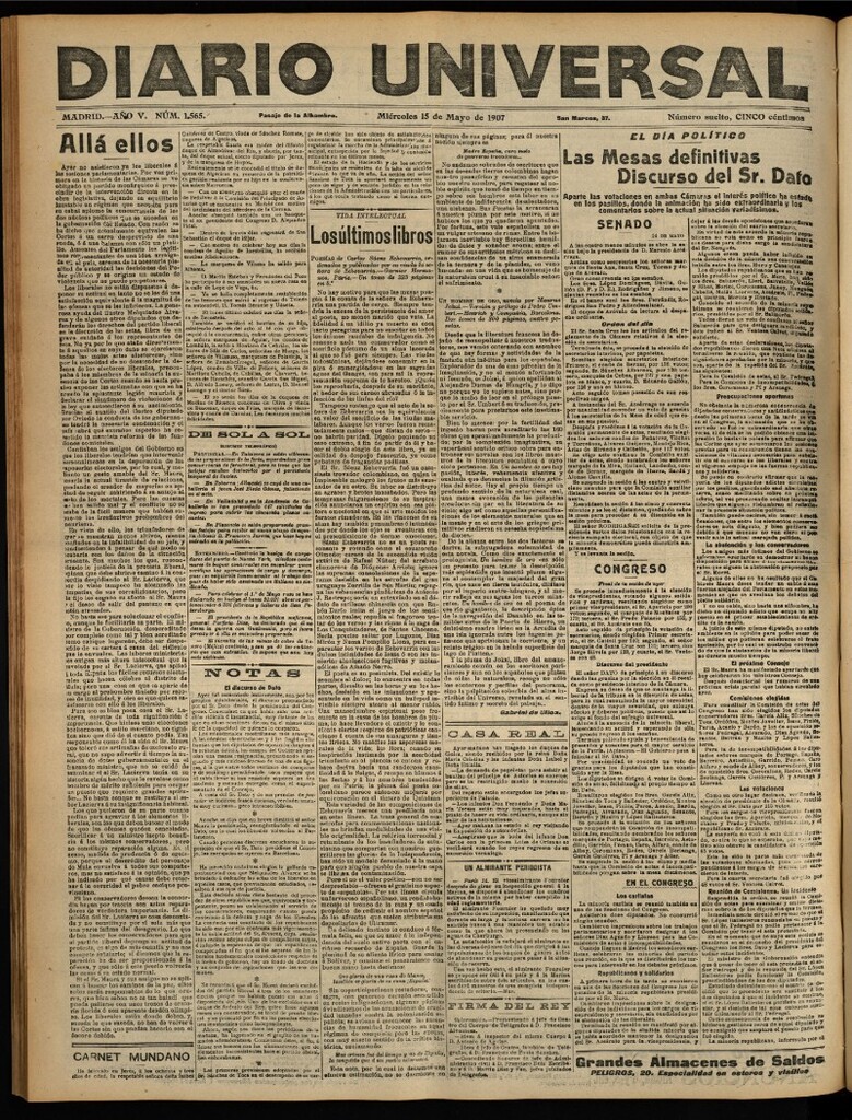 Miniatura de Diario Universal del 15 de mayo de 1907, edición de tarde