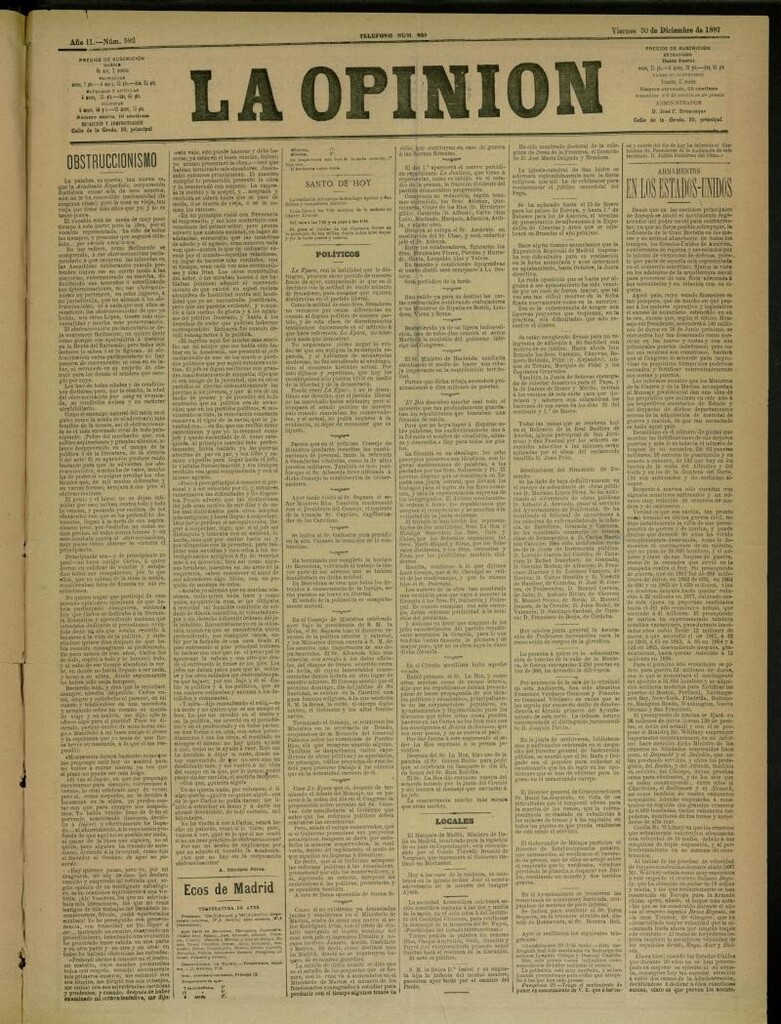 Miniatura de La Opinión del 30 de diciembre de 1887, nº 592