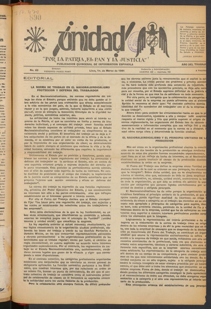 Miniatura de ¡Unidad! : órgano quincenal de la delegación de F.E.T. de las J.O.N.S. del 1 de marzo de 1941