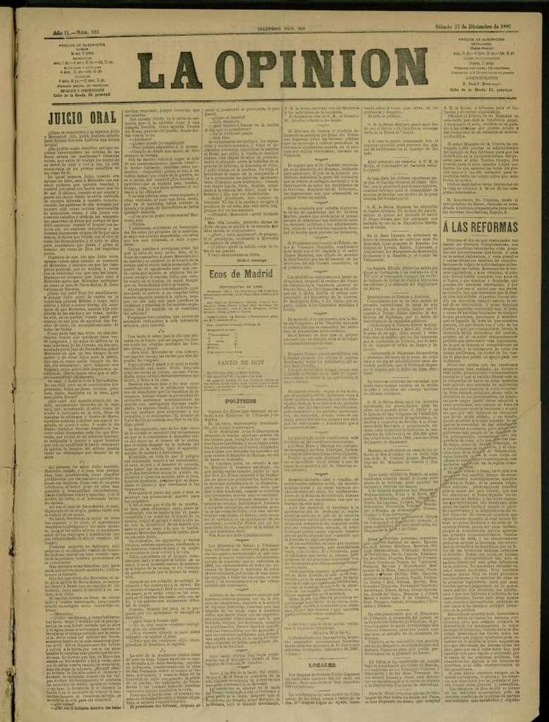 Miniatura de La Opinión del 31 de diciembre de 1887, nº 593