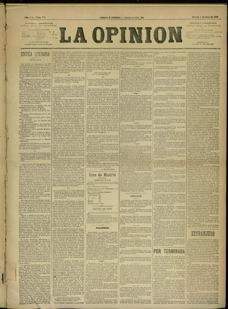Miniatura de La Opinión del 3 de julio de 1888, nº 771