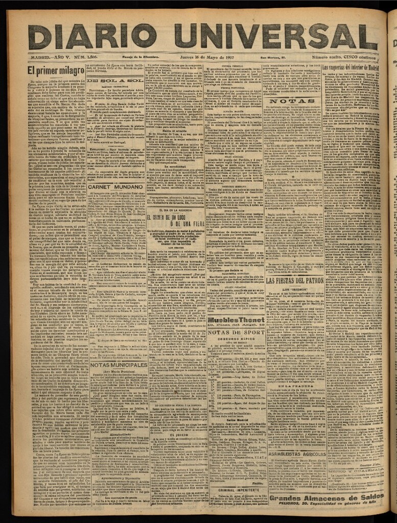 Miniatura de Diario Universal del 16 de mayo de 1907, edición de noche