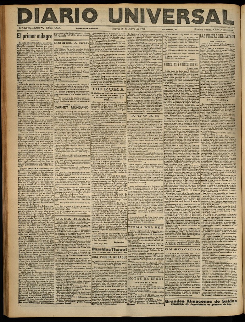 Miniatura de Diario Universal del 16 de mayo de 1907, edición de tarde