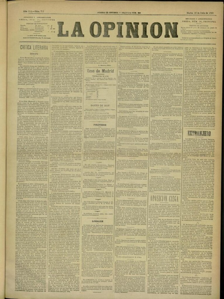 Miniatura de La Opinión del 10 de julio de 1888, nº 777
