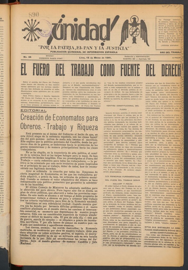 Miniatura de ¡Unidad! : órgano quincenal de la delegación de F.E.T. de las J.O.N.S. del 15 de marzo de 1941