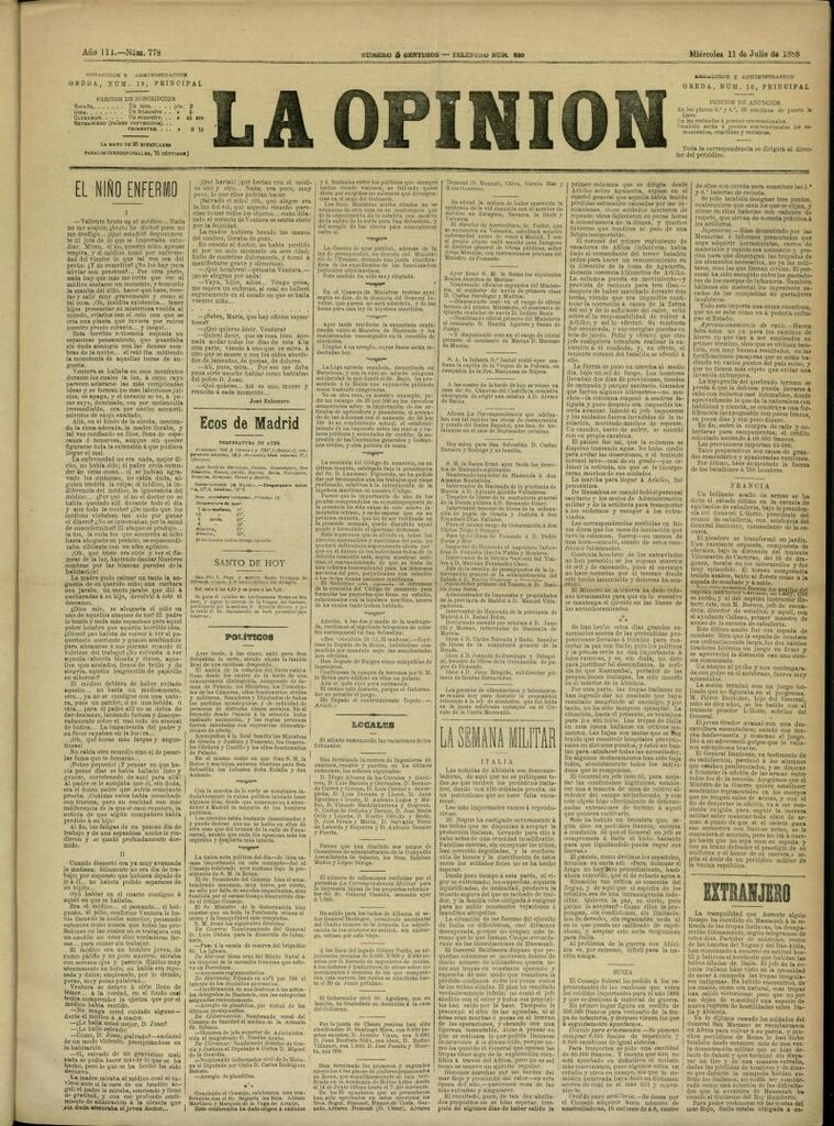 Miniatura de La Opinión del 11 de julio de 1888, nº 778