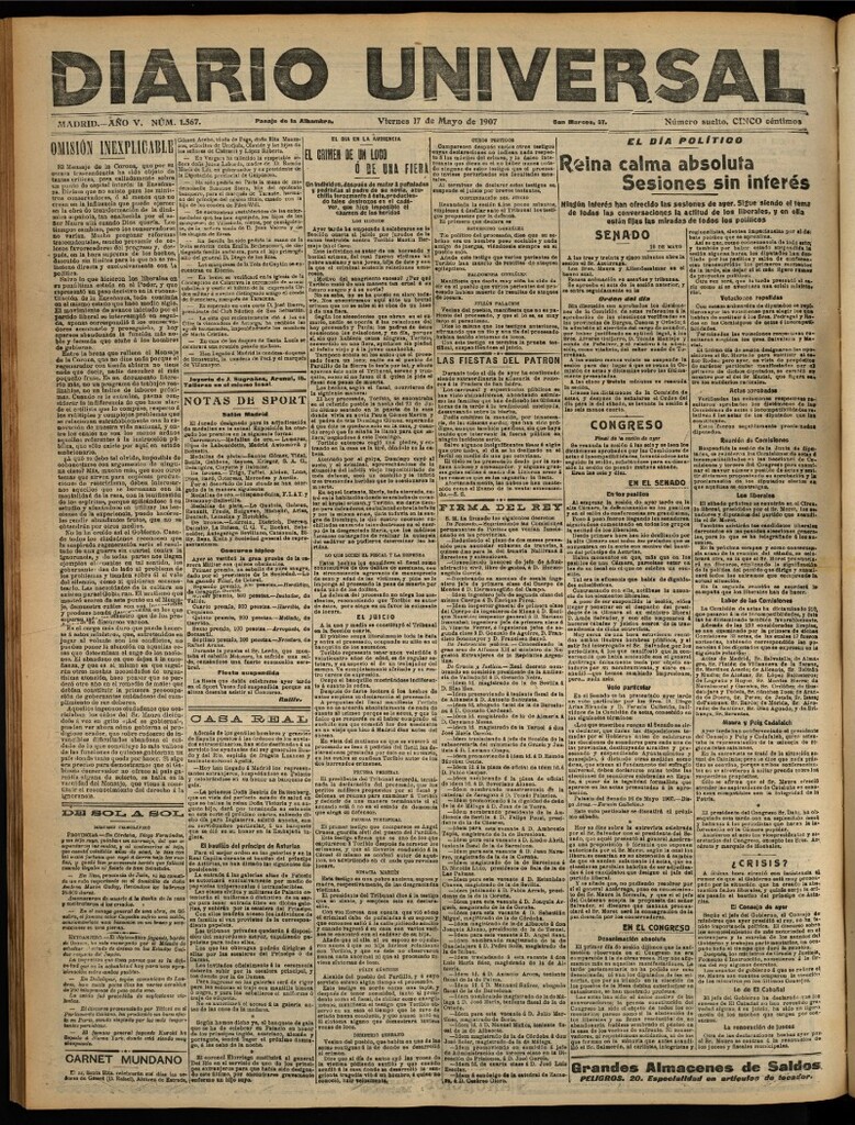 Miniatura de Diario Universal del 17 de mayo de 1907, edición de tarde