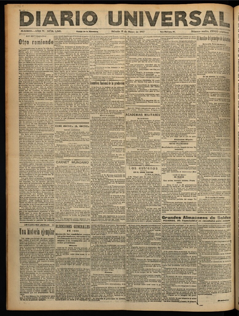 Miniatura de Diario Universal del 18 de mayo de 1907, edición de noche