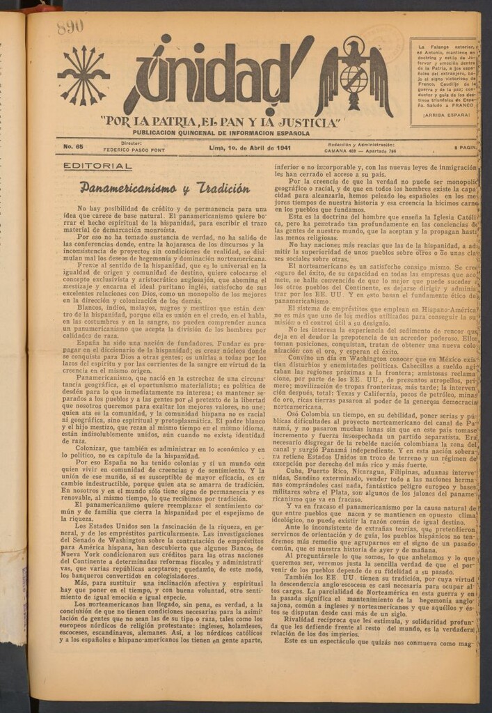 Miniatura de ¡Unidad! : órgano quincenal de la delegación de F.E.T. de las J.O.N.S. del 1 de abril de 1941