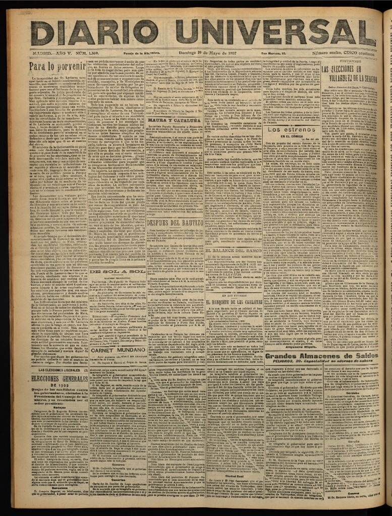 Miniatura de Diario Universal del 19 de mayo de 1907, edición de noche