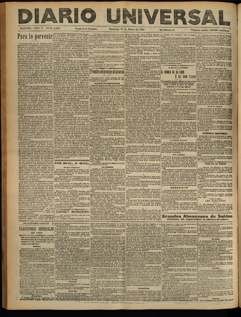 Miniatura de Diario Universal del 19 de mayo de 1907, edición de tarde