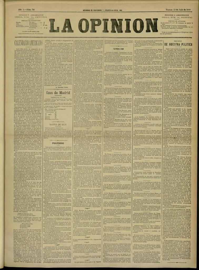 Miniatura de La Opinión del 20 de julio de 1888, nº 786