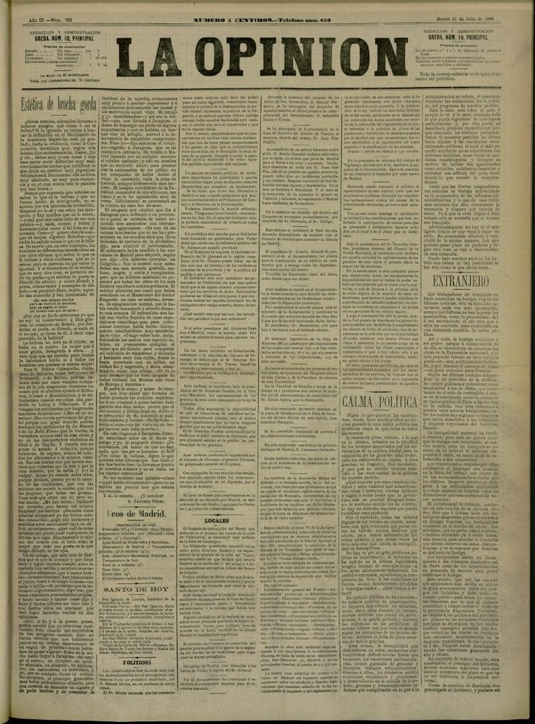Miniatura de La Opinión del 31 de julio de 1888, nº 793
