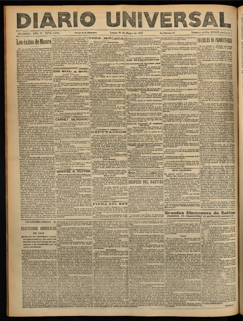 Miniatura de Diario Universal del 20 de mayo de 1907, edición de noche