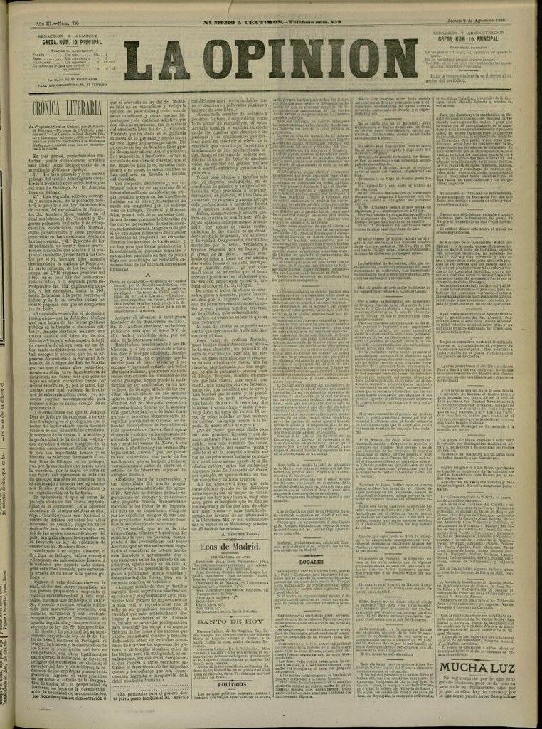 Miniatura de La Opinión del 2 de agosto de 1888, nº 795