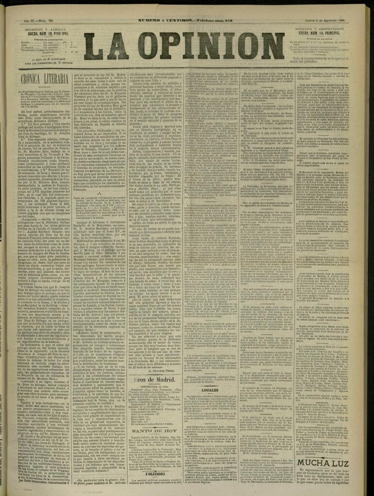 Miniatura de La Opinión del 2 de agosto de 1888, nº 795 [sic]
