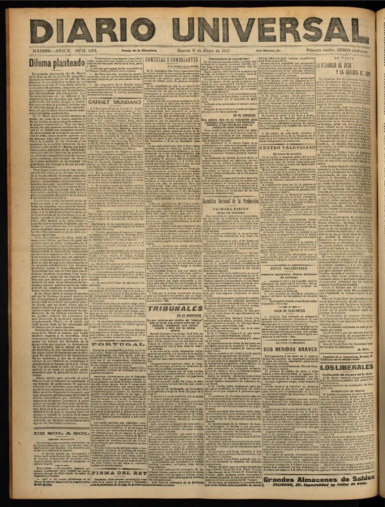Miniatura de Diario Universal del 21 de mayo de 1907, edición de noche