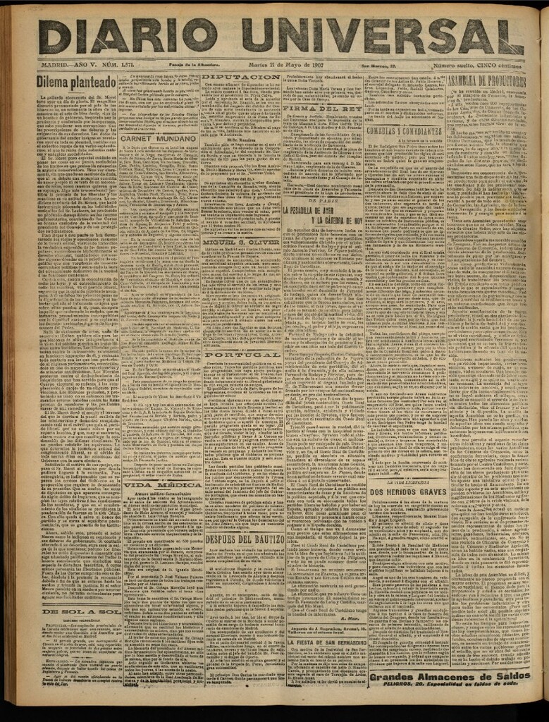 Miniatura de Diario Universal del 21 de mayo de 1907, edición de tarde