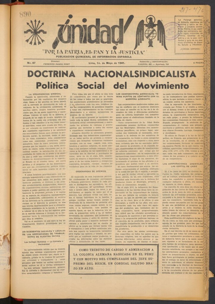 Miniatura de ¡Unidad! : órgano quincenal de la delegación de F.E.T. de las J.O.N.S. del 1 de mayo de 1941