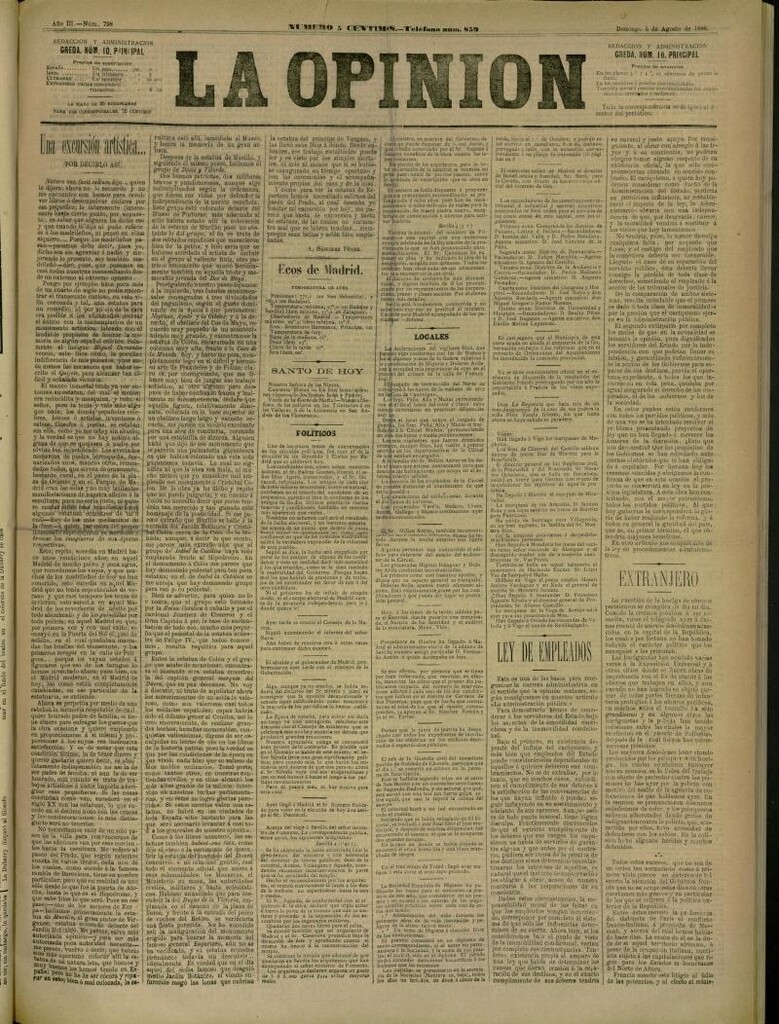 Miniatura de La Opinión del 5 de agosto de 1888, nº 798