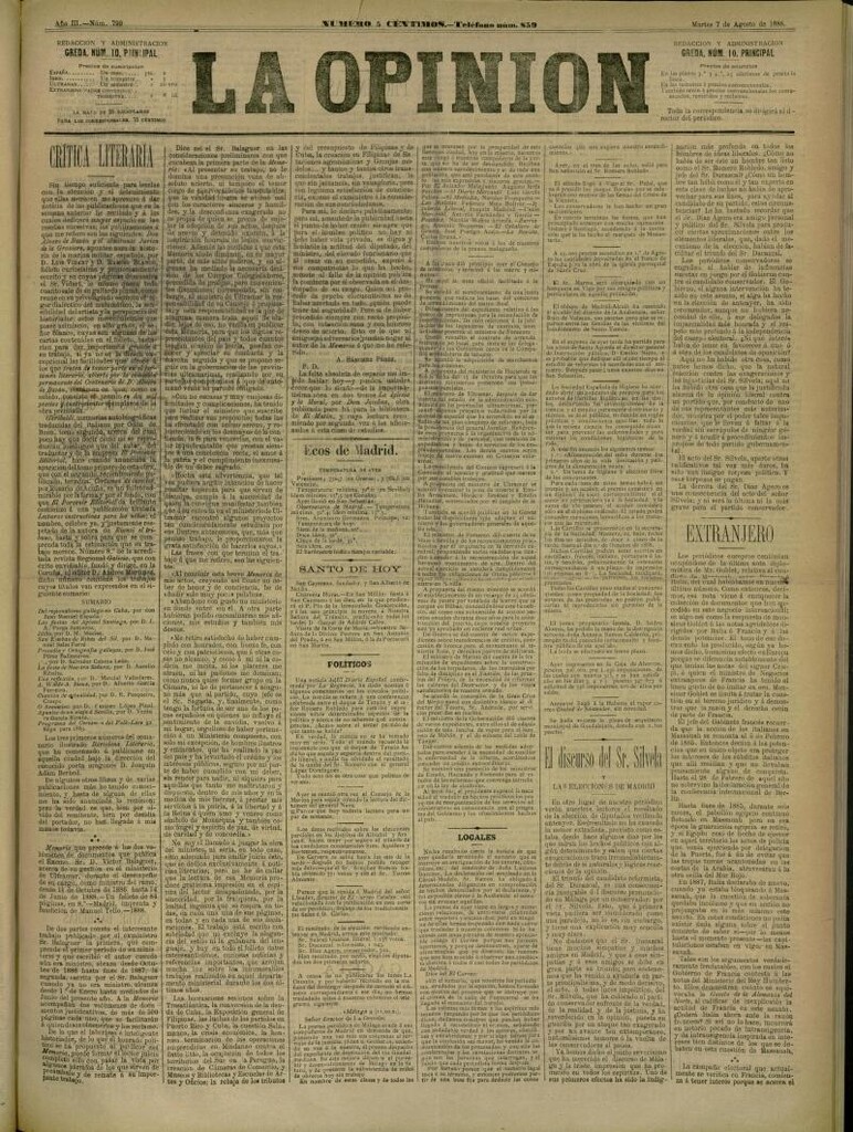 Miniatura de La Opinión del 7 de agosto de 1888, nº 799