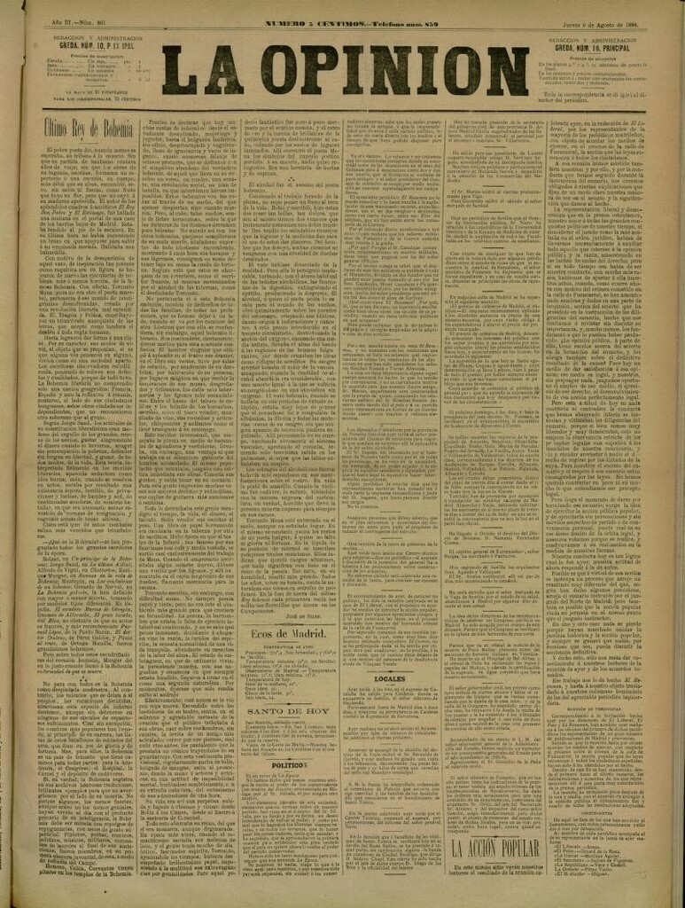 Miniatura de La Opinión del 9 de agosto de 1888, nº 801