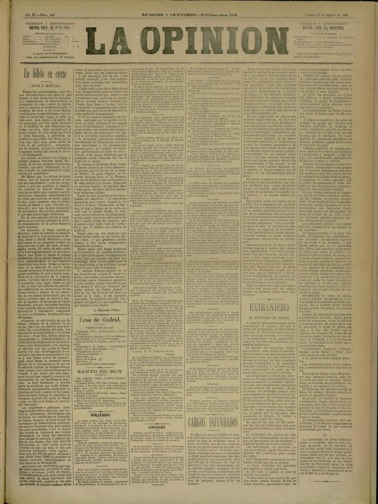 Miniatura de La Opinión del 10 de agosto de 1888, nº 802