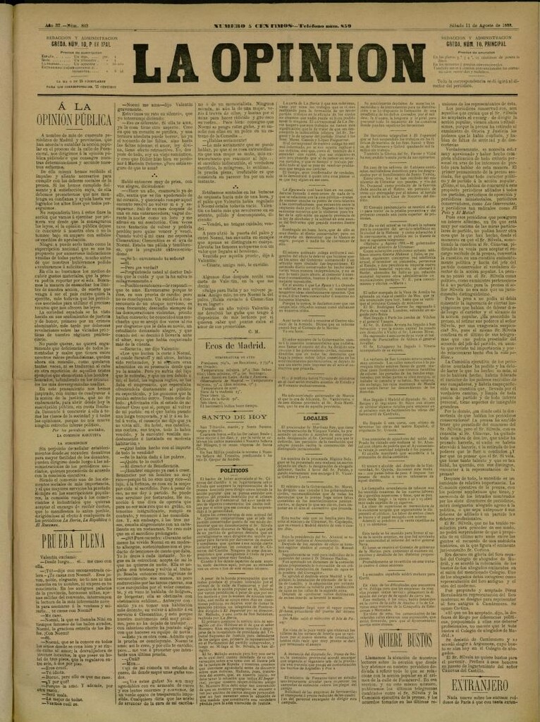 Miniatura de La Opinión del 11 de agosto de 1888, nº 803