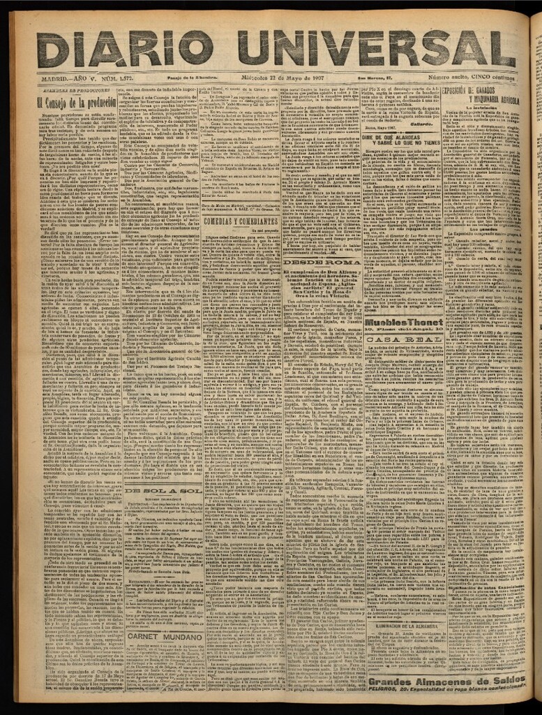 Miniatura de Diario Universal del 22 de mayo de 1907, edición de noche