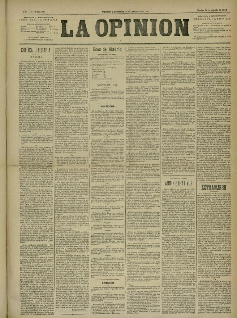 Miniatura de La Opinión del 14 de agosto de 1888, nº 805