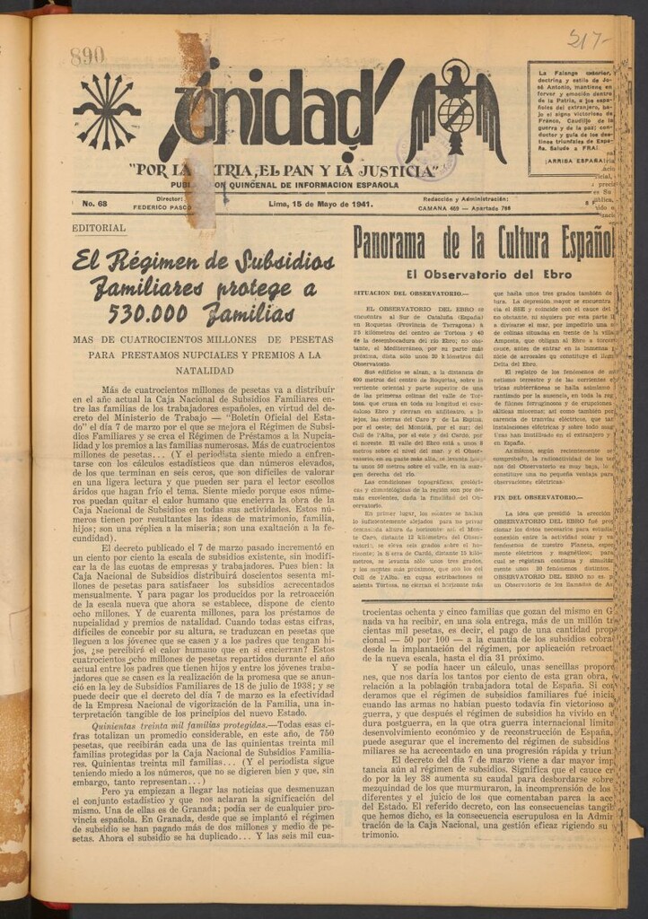 Miniatura de ¡Unidad! : órgano quincenal de la delegación de F.E.T. de las J.O.N.S. del 15 de mayo de 1941