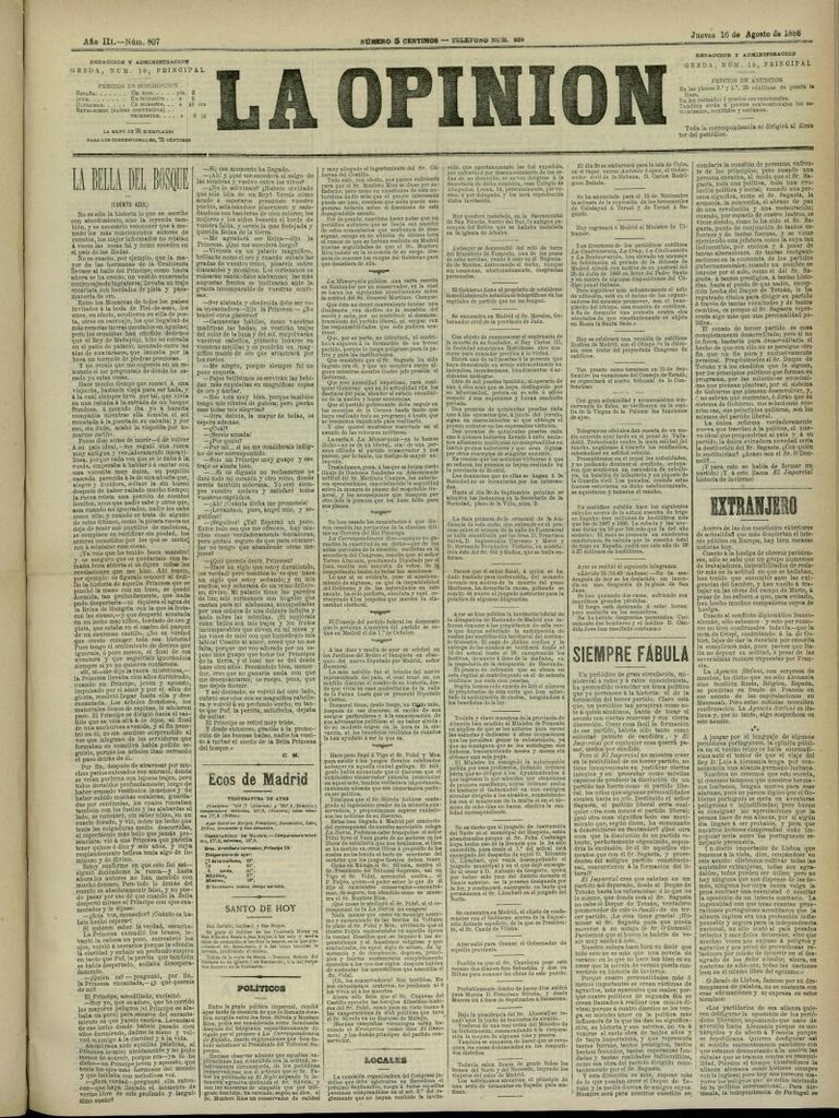 Miniatura de La Opinión del 16 de agosto de 1888, nº 807