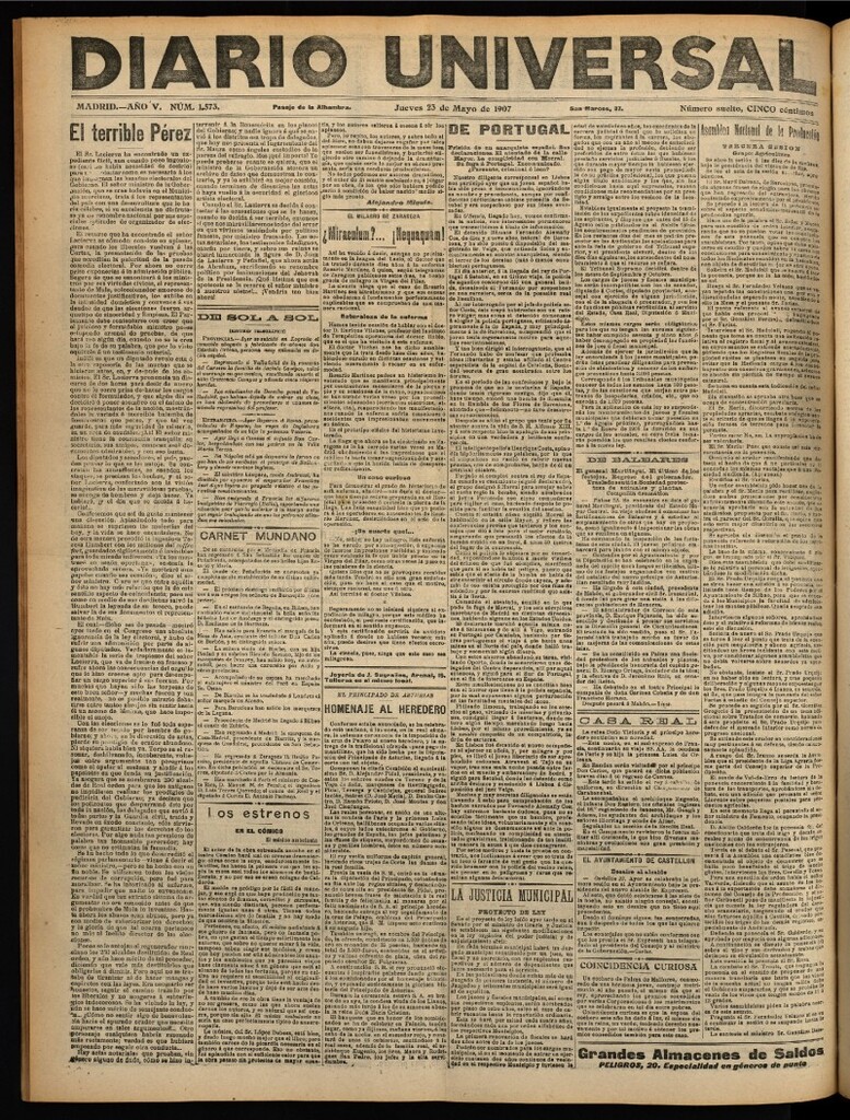 Miniatura de Diario Universal del 23 de mayo de 1907, edición de noche