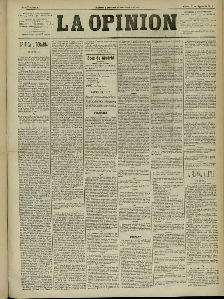 Miniatura de La Opinión del 21 de agosto de 1888, nº 811