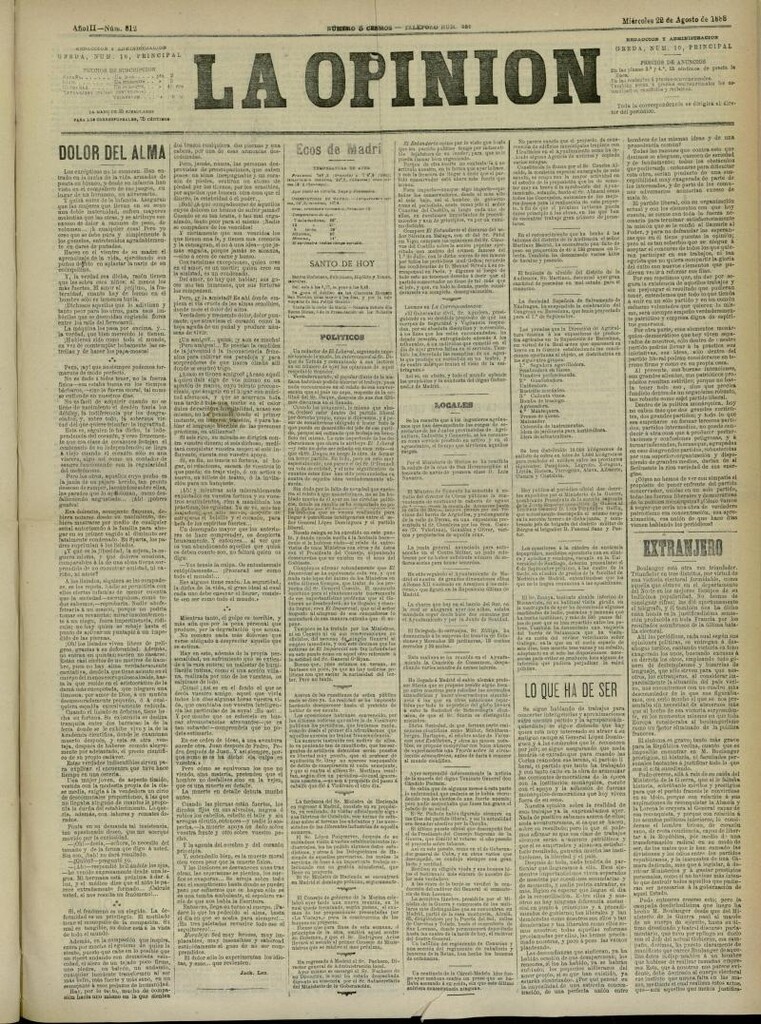 Miniatura de La Opinión del 22 de agosto de 1888, nº 812