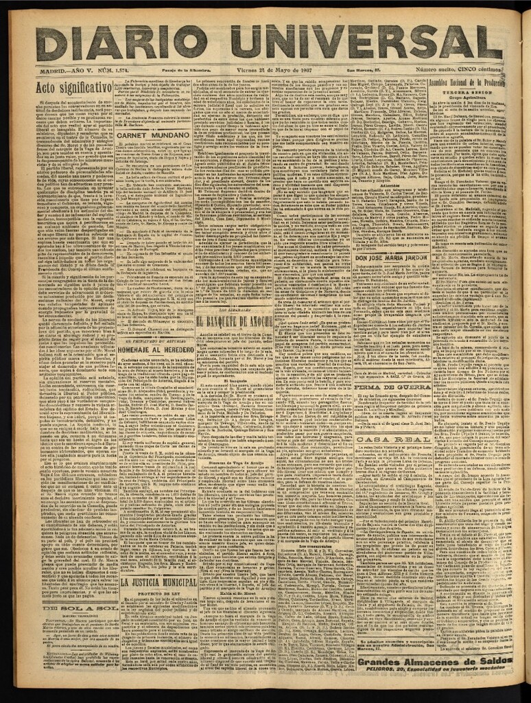 Miniatura de Diario Universal del 24 de mayo de 1907, edición de tarde