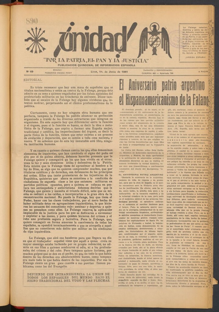 Miniatura de ¡Unidad! : órgano quincenal de la delegación de F.E.T. de las J.O.N.S. del 1 de junio de 1941