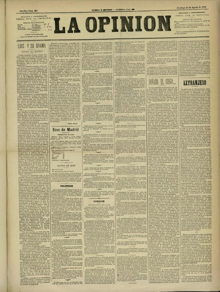 Miniatura de La Opinión del 26 de agosto de 1888, nº 816