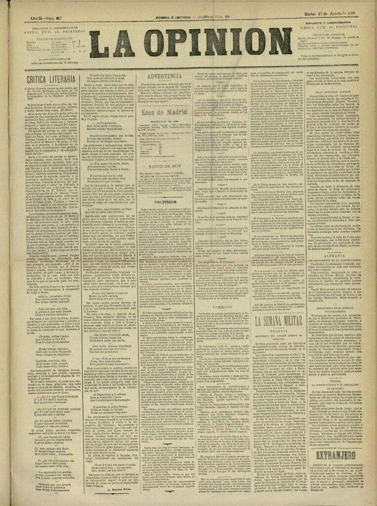 Miniatura de La Opinión del 28 de agosto de 1888, nº 817