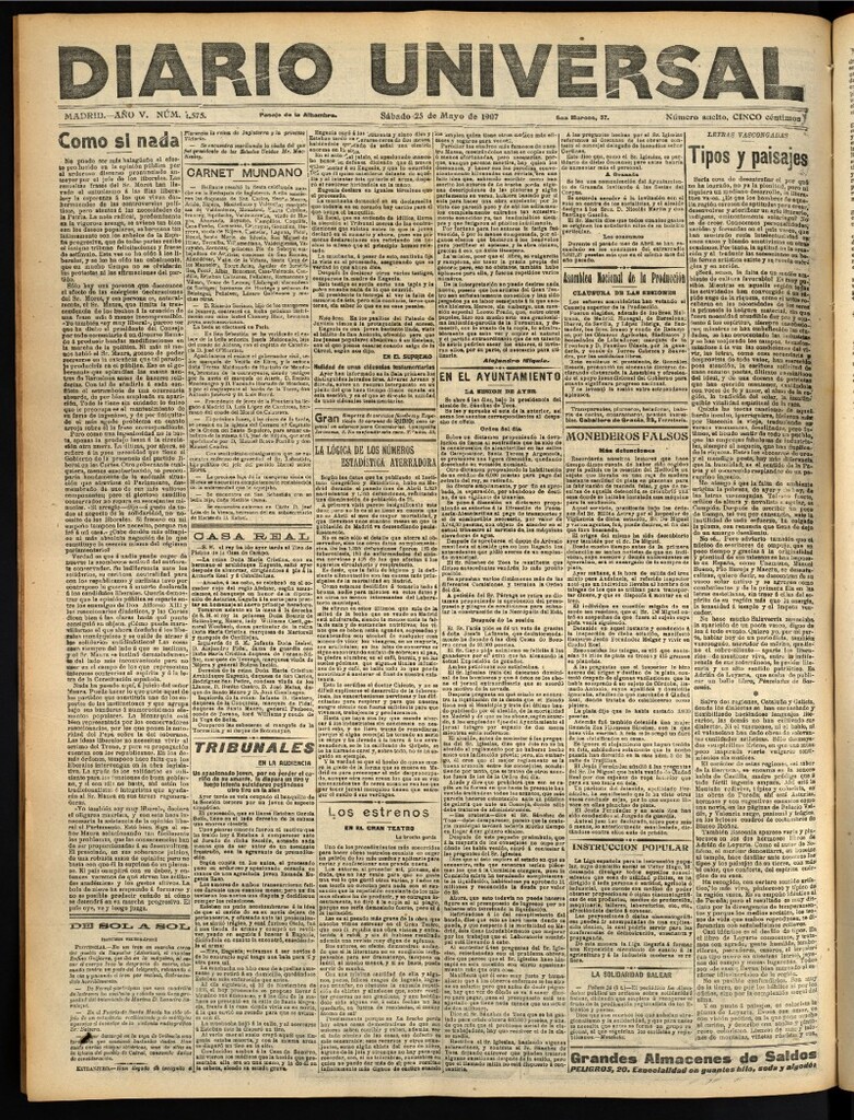 Miniatura de Diario Universal del 25 de mayo de 1907, edición de tarde