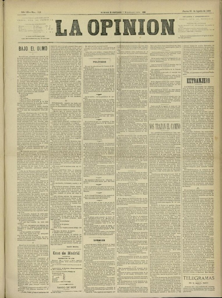 Miniatura de La Opinión del 30 de agosto de 1888, nº 819