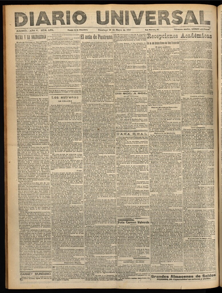 Miniatura de Diario Universal del 26 de mayo de 1907, edición de noche